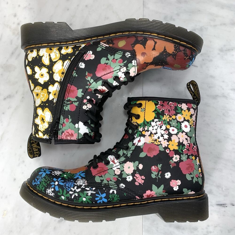 DR. MARTENS 1460J Floral Mash Up Leather Lace Up Boot Kids L5 M4 Black Punk EUC - Picture 3 of 10